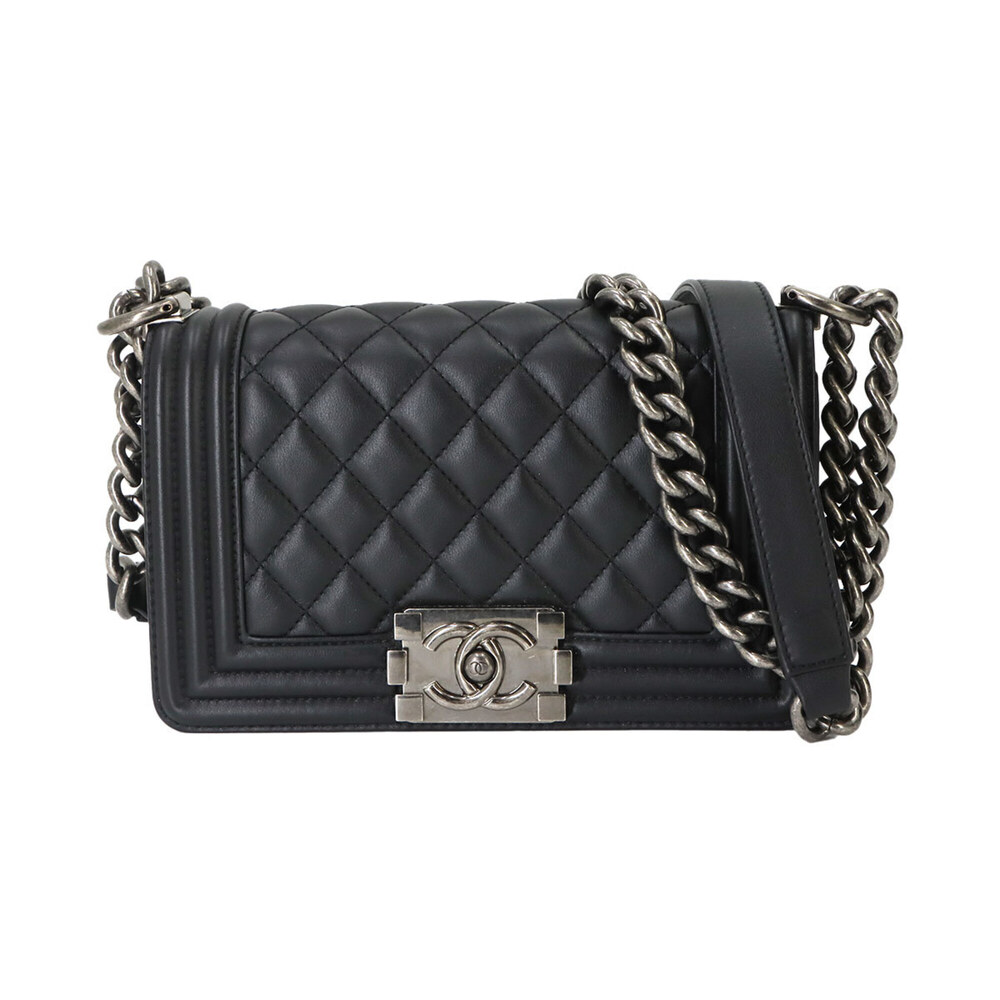 Chanel Boy Small Chain Shoulder Handbag, Lambskin, Black, A67085, Silver Hard...